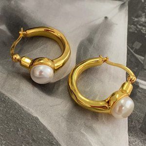 NEW 18K Gold Plated Pearl Hoop Earrings